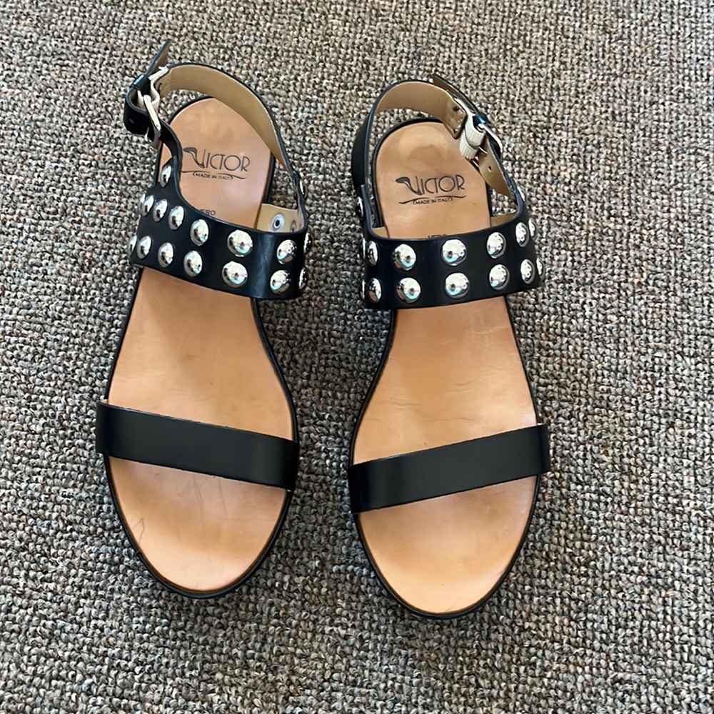 Black Studded Leather Slingback Sandals - Women